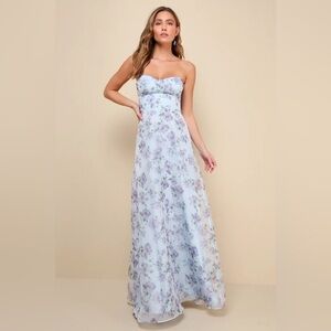Lulus Chic Preciousness Light Blue Floral Organza Bustier Maxi Dress